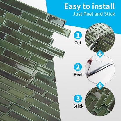 Art3d 10-Sheet Peel and Stick Backsplash Tile for Kitchen - 12”×12” Stick on Wall Tile for Kitchen Bathroom Countertop Living Room, Green