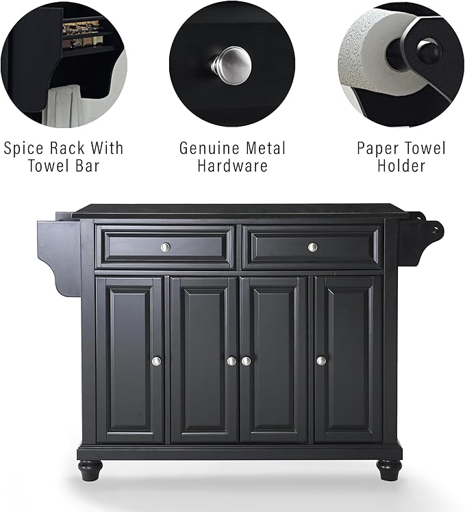 Crosley Furniture Cambridge Granite Top Rolling Kitchen Island Storage Cart, Microwave Stand, Spice Rack, Black