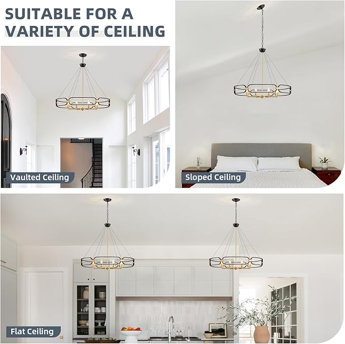 XINGQI 31" Large 8-Light Black and Gold Industrial Chandeliers for Dining Room Round Farmhouse Kitchen Pendant Light Fixture for Entryway Living Room Bedroom Foyer