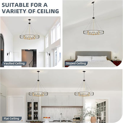 XINGQI 31" Large 8-Light Black and Gold Industrial Chandeliers for Dining Room Round Farmhouse Kitchen Pendant Light Fixture for Entryway Living Room Bedroom Foyer