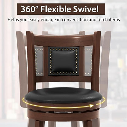 ERGOMASTER Swivel Bar Stools Set of 2-25.5 Inch Counter Height with Footrest, 360° Spin & Extra Wide Seat, Vintage Rubber Wood Frame, 250 lbs Capacity, Kitchen Island Stools for Small Spaces