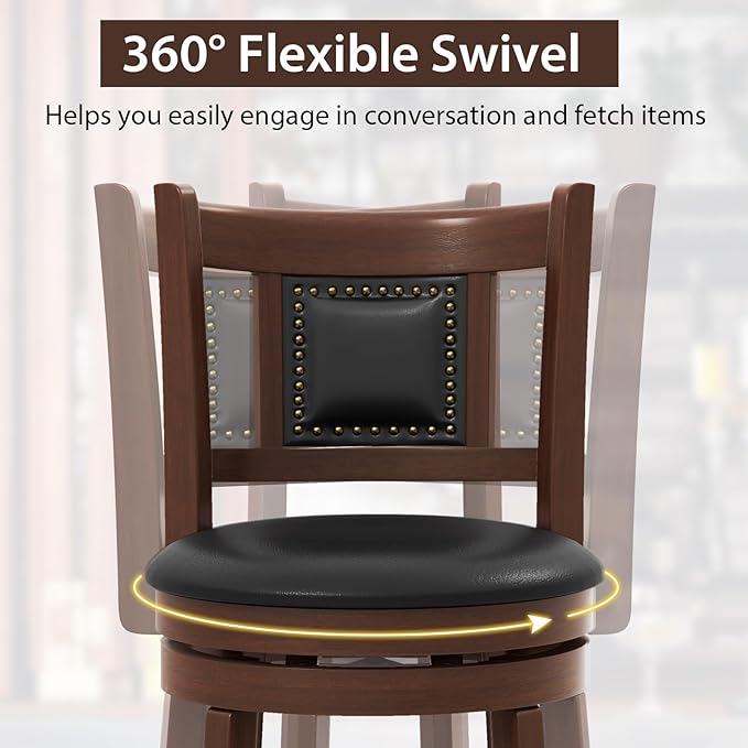 ERGOMASTER Set of 4 Swivel Bar Stools 30.5 Inch Height - 360° Rotating PU Leather Counter Stools with Backrest & Footrest, Brown Tobacco Wood Kitchen Island Stools, 250 lbs Capacity