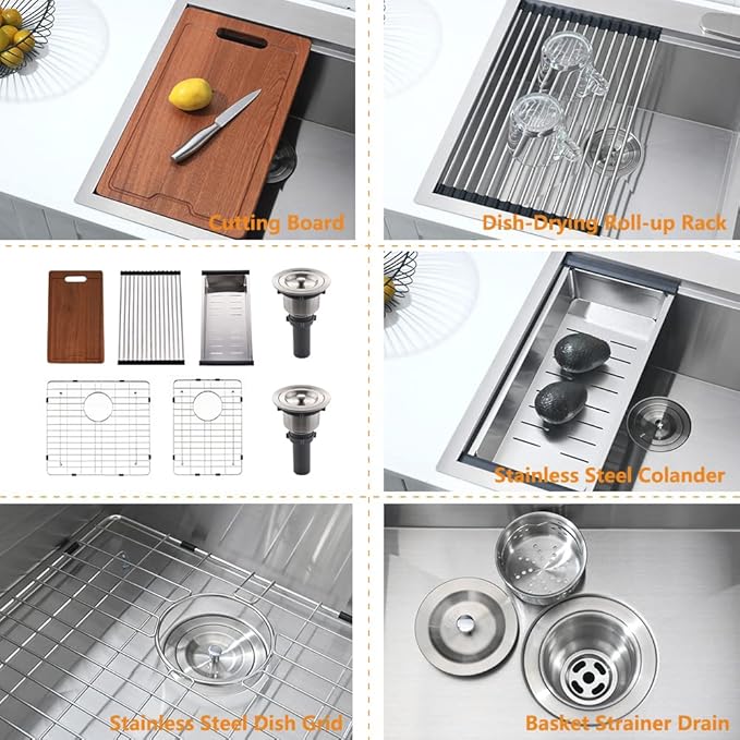 33 Inch Double Bowl Drop In Kitchen Sink Workstation-Bokaiya 33x22 Double Bowl Kitchen Sink Drop In Stainless Steel 16 Gauge Deep 60/40 Low Divide Sinks with Cutting Board