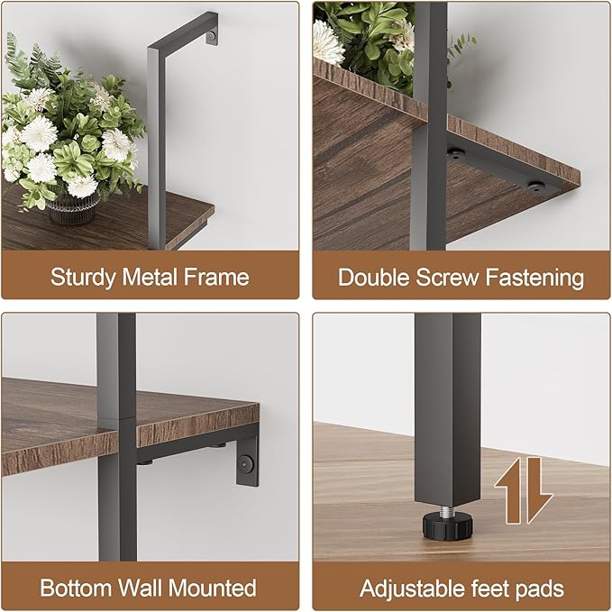 aboxoo Ladder Shelf 2PCS Open Bookshelf 5-Tier Wall-Mounted Wood Bookcase Rack Open Back Industrial Modern Plant Flower Stand Utility OrganizerMetal Frame Furniture Office Kitchen Bedroom (Brown)