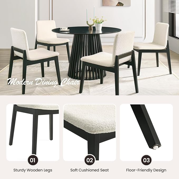 Boucle Upholstered Dining Chair with Sturdy Rubberwood Frame&Legs, Mid Century Modern Kitchen Chairs Set of 2, Beige (Eassy Assembly)