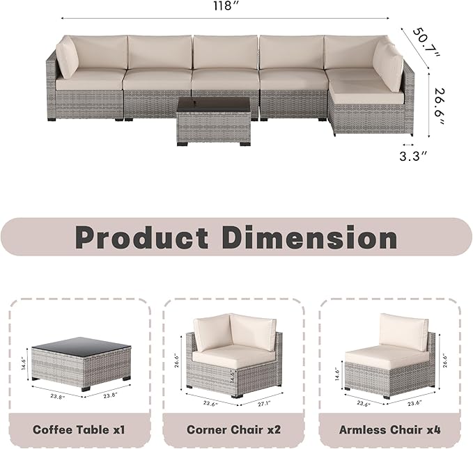 Patio Furniture Set, 7-Piece Outdoor Sectional Couch with Coffee Table & Thick Cushions, Outdoor Wicker Conversation Set for Backyard, Poolside, Garden (Grey White-White, 7 Piece-Single)
