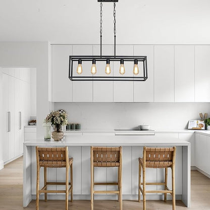 Black Dining Room Light Fixture,5 Light Rectangle Chandelier for Dining Room,Modern Farmhouse Light Fixture for Kitchen Island,Linear Light for Bedroom,Hallway,Foyer,Adjustable Height