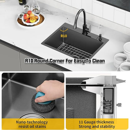 Black 23x18 Inch Drop In Kitchen Sink-Stainless Steel Single Bowl Topmount Kitchen Sink Stylish And Modern Look With Bottom Grid,Silicon Mat And Drain Assembly Add Elegance & Enhance Usability