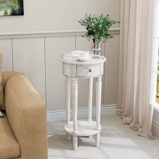 SUNBURY Round Side Table with Drawer, Small Drink Table for Small Spaces, Industrial Nightstand with Storage Shelf for Living Room, Bedroom, Corners, and Office (28" H, White)