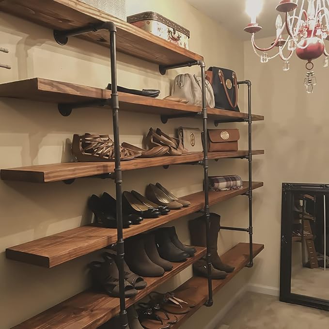 HITOMEN Industrial Iron Pipe Shelves, 2 Set 4-Tier 41.5" Tall 12" Depth, DIY Open Bookshelf Bookcase, Wall Mounted Vintage Retro Shelving, Rustic Farmhouse Pantry Kitchen Storage, Black Shelf Brackets