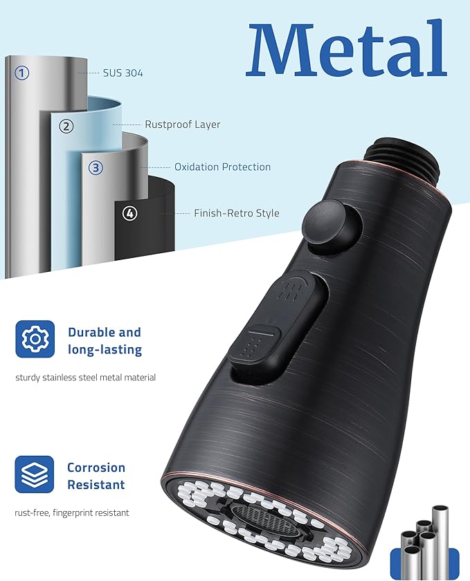 Metal Kitchen Faucet Head Replacement - with 15 Adapters, Pull Down Spray Head for Kitchen Faucet, 3 Function Sprayer Nozzle Stainless Steel, Oil Rubbed Bronze