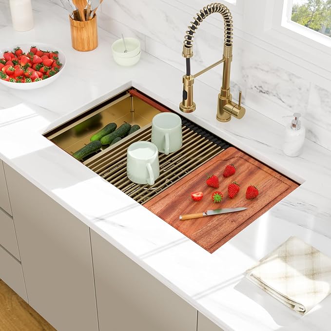 33 Gold Undermount Kitchen Sink - Beslend 33x19 Gold Double Bowl Kitchen Sinks Workstation 16 Gauge Stainless Steel Golden Sink Low Divide Double Basin 60/40