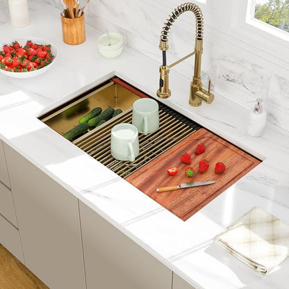 33 Gold Undermount Kitchen Sink - Beslend 33x19 Gold Double Bowl Kitchen Sinks Workstation 16 Gauge Stainless Steel Golden Sink Low Divide Double Basin 60/40