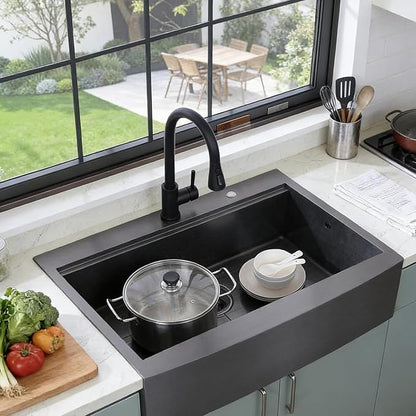 33 Inch Drop In Farmhouse Sink Black, 33x22 Inch Gunmetal Black Top Mount Farmhouse Kitchen Sink Single Bowl, Topmount Apron Front Stainless Steel Farm Sink Workstation