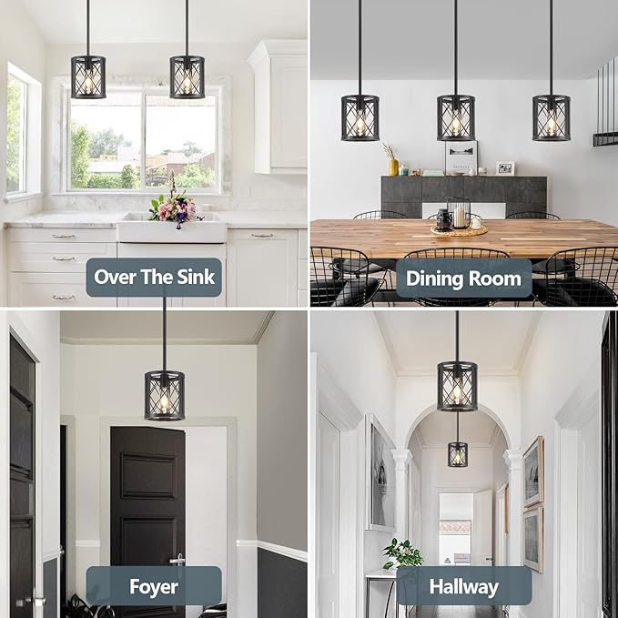 Farmhouse Pendant Light for Kitchen Island - Industrial Metal Lantern Black Pendant Lighting Single Hanging Light Fixture with 49.2" Adjustable Rods for Dining Room, Over The Sink, Hallway