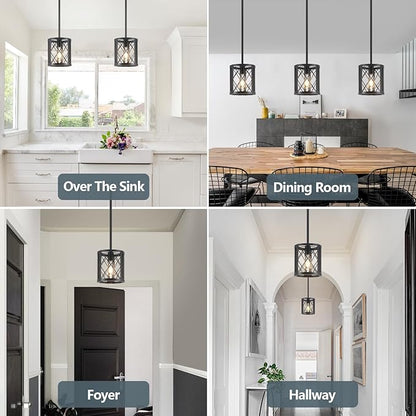 Farmhouse Pendant Light for Kitchen Island - Industrial Metal Lantern Black Pendant Lighting Single Hanging Light Fixture with 49.2" Adjustable Rods for Dining Room, Over The Sink, Hallway