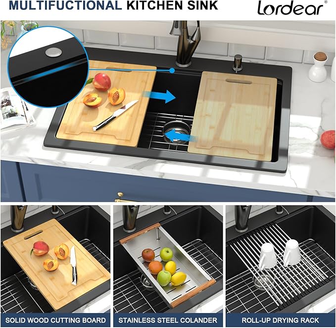 Lordear 33 Granite Composite Kitchen Sink Drop In Black Kitchen Sink 33x22 Workstation Topmount Sink Matte Black Quartz Above Counter Single Bowl Sink Basin