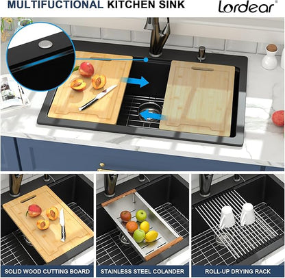 Lordear 33 Granite Composite Kitchen Sink Drop In Black Kitchen Sink 33x22 Workstation Topmount Sink Matte Black Quartz Above Counter Single Bowl Sink Basin