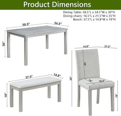 6 Piece Wooden Dining Table Set, Rectangular Dining Table with 4 Upholstered Chairs and 1 Bench, Elegant Dining Table Set with Crystal Decoration for Kitchen, Dining Room, Silver Grey
