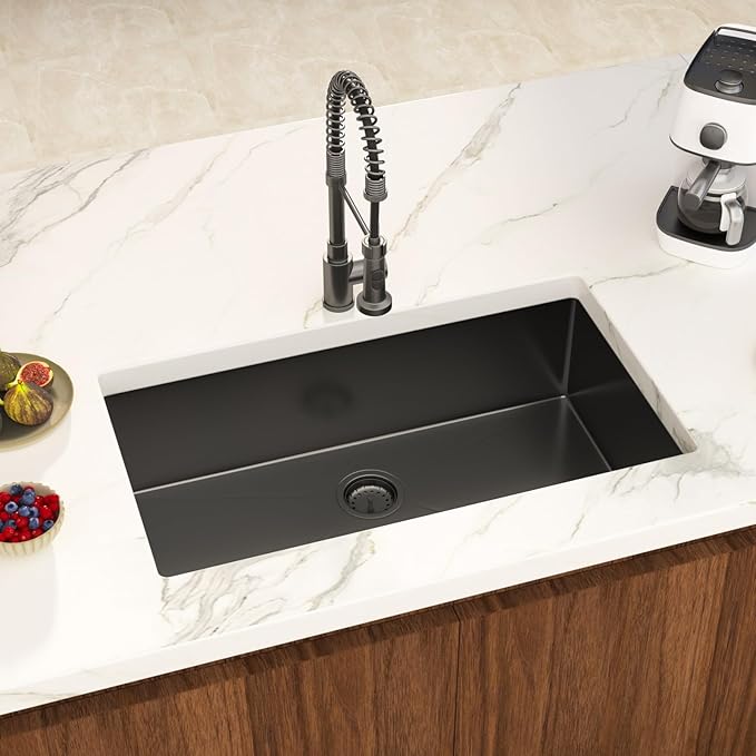 33 Inch Black Undermount Kitchen Sink Single Bowl 18 Guage Stainless Steel 33"x19"x9" Deep Under Counter Kitchen Sinks Basin R10 Round Corners Handmade Sink