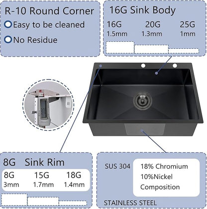33 x 22 Inch Black Kitchen Sink, Topmount Drop In Stainless Steel Single Bowl Kitchen Sink, 16 Gauge Extra-Thick Modern Bar Prep RV Laundry Sinks with Dish Grid and Basket Strainer,VLSYJ3322BW