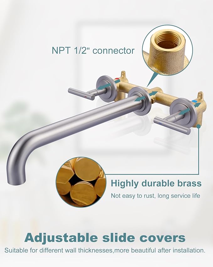 WOWOW Wall Mount Tub Filler: Brushed Nickel Tub Faucet High Flow Two Handles Solid Brass, Long Spout Reach,Tub Faucet Bathroom Bathtub Faucets with 2 Handles with Brass Rough in Valve Included