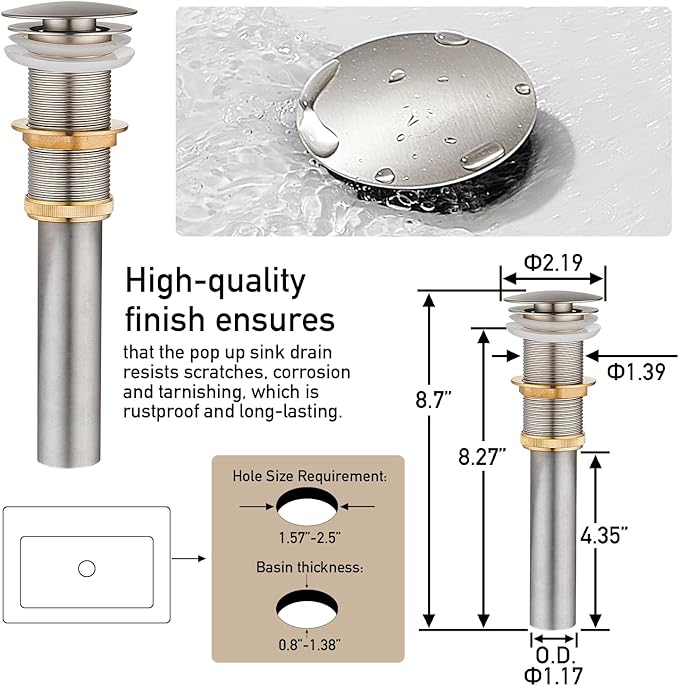 AVSIILE Vessel Sink Faucet, Brushed Nickel 1 Hole Single Handle Tall Bathroom Vanity Faucets, Modern Utility Rv Laundry Bath Restroom Mixer Tap with Metal Pop Up Drain and 2 Water Supply Lines