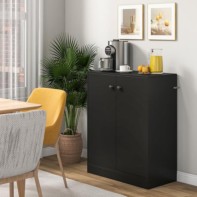 GRAFFY Wood Floor Storage Cabinet - Freestanding Sideboard Cabinet with 2 Doors and 3-Tier Shelves, Modern Storage Organizer for Living Room, Kitchen, Bathroom, Hallway, Dining Room, Entryway (Black)