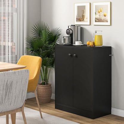 GRAFFY Wood Floor Storage Cabinet - Freestanding Sideboard Cabinet with 2 Doors and 3-Tier Shelves, Modern Storage Organizer for Living Room, Kitchen, Bathroom, Hallway, Dining Room, Entryway (Black)