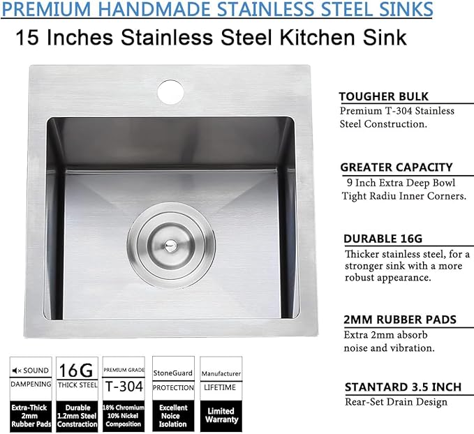 SHACO 15x15 Inch Drop In Bar Sink,15 Inch Stainless Steel Top mount Small Single Bowl Kitchen Bar Sink,16 Gauge Brushed Nickel Small Kitchen Prep Sink with Strainer Drain