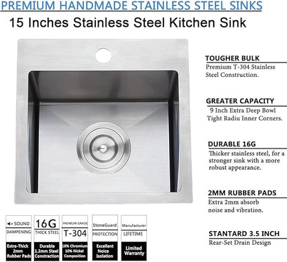 SHACO 15x15 Inch Drop In Bar Sink,15 Inch Stainless Steel Top mount Small Single Bowl Kitchen Bar Sink,16 Gauge Brushed Nickel Small Kitchen Prep Sink with Strainer Drain