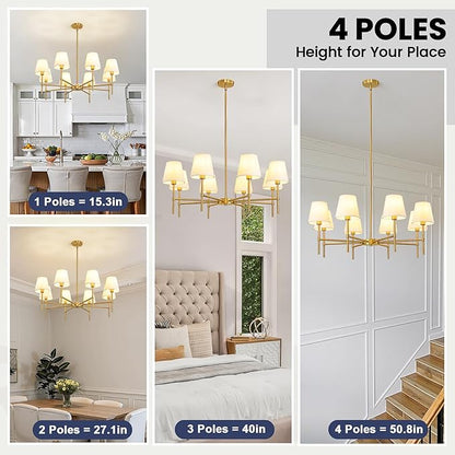 RUIYEY Dining Room Chandeliers Light - 8-Light Gold Modern Chandelier with Fabric Shade, Height Adjustable Mid Century Ceiling Lighting Fixture for Bedroom Kitchen Entryway Foyer