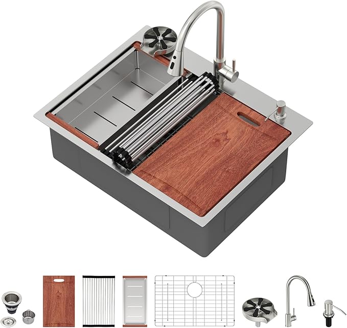 28 Drop In Kitchen Sink - Beslend 28x22 Kitchen Sink Drop In Workstation with Faucet, Stainless Steel Sinks and Soap Dispenser Topmount 16 Gauge Single Bowl Above Counter Dish Basin 9" Deep