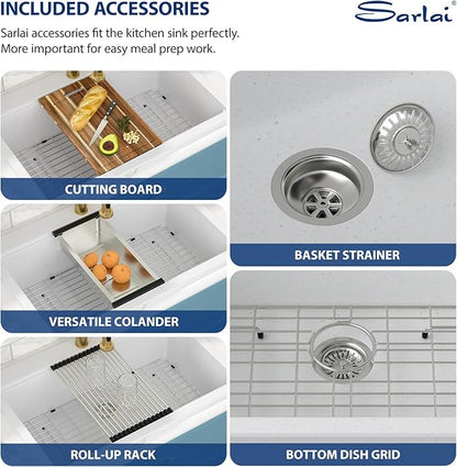 Sarlai 33 Granite Composite Kitchen Sink - 33 x22 Inch Granite Drop In Kitchen Sink Topmount Ledge Workstation White Sinks Quartz Classic Above Counter Single Bowl Basin With Accessories