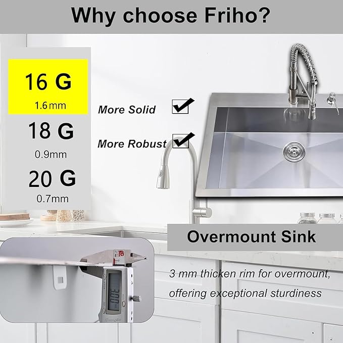 Friho 28 Inch Drop in Kitchen Sink, 28x18 Topmount Commercial Handmade 16 Gauge Single Bowl Stainless Steel Sink with Basket Strainer