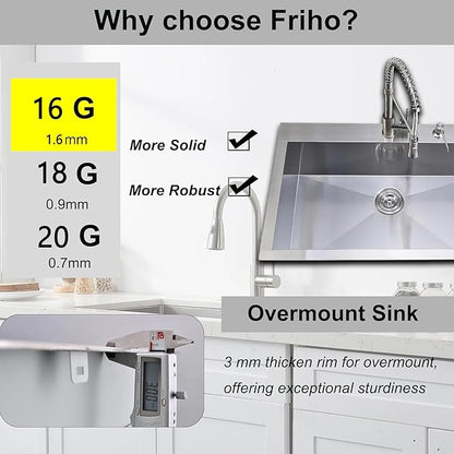 Friho 28 Inch Drop in Kitchen Sink, 28x18 Topmount Commercial Handmade 16 Gauge Single Bowl Stainless Steel Sink with Basket Strainer