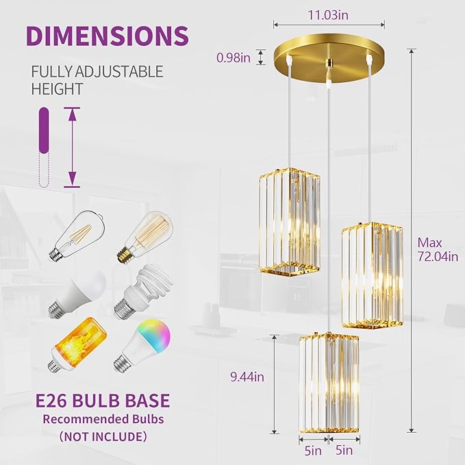 Pendant Lights Modern Pendant Light Gold Rectangle Mini Crystal Chandeliers Adjustable Pendant Light Fixture for Kitchen Island Bedroom Dinning Room Living Room (Gold-3Light