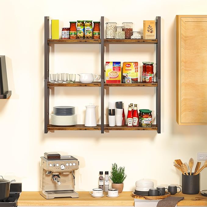 31.5 Inch Floating Shelves, 6 Tier Wood Shelves for Wall, Heavy Duty Wide Wall Mount Shelves for Living Room Bedroom Kitchen Classroom, Rustic Brown