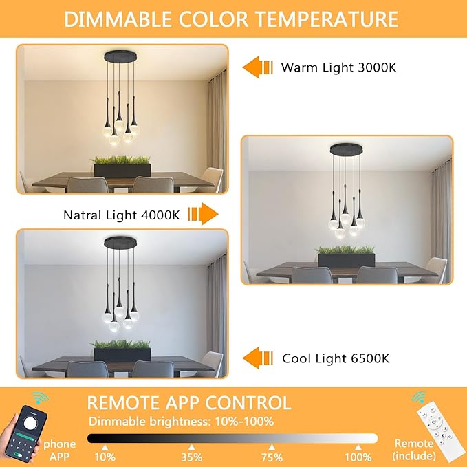 Crystal Chandelier for Dining Room Glam 5 Light Cluster Crystal Pendant Light Dimmable LED Chandeliers for Kitchen Island Living Room Black