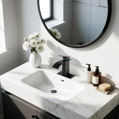ORB Bathroom Faucets, Waterfall Bathroom Sink Faucet Single Handle Bathroom Faucet for 1 or 3 Hole, Mixer Tap Vanity Faucet with Deck Plate, Pop-up Drain and Supply Hoses