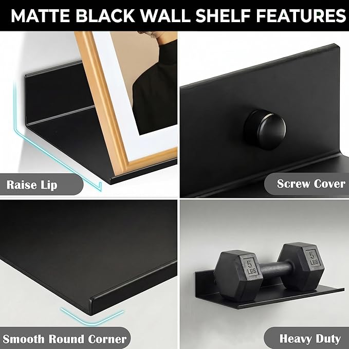 Z metnal Small Floating Shelves for Action Figures & Collectibles, No Drill Mini Metal Wall Display Shelf for Gaming Room & Bedroom Decor, Aluminum, 4.7", Black, 2 Pack