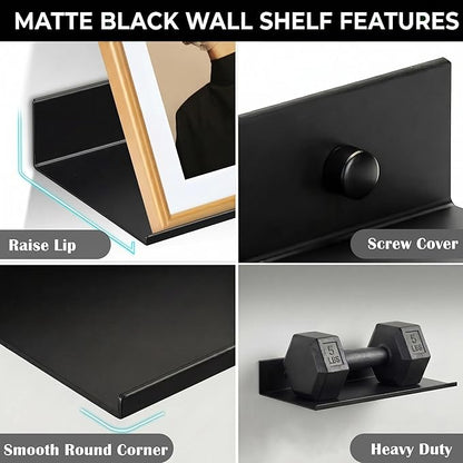Z metnal 2 Pack 6 Inch Metal Floating Shelves with Safety Lip, Small Wall Mounted Shelf Holds Up to 5 Lbs, Matte Black Lightweight Display Ledge with Hidden Screw Caps for Bathroom, Bedroom