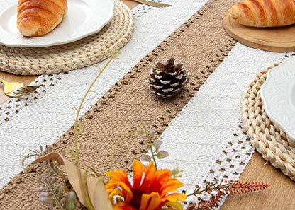 FEXIA Boho Table Runner for Home Decor with Out Tassels 90 Inches Long Farmhouse Rustic Table Runner Macrame Burlap Table Decoration for Living Room Bridal Shower(12x90 Inches)