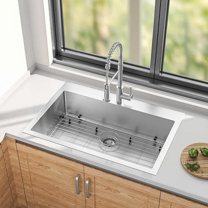 33 x 22 Drop-In/Undermount Kitchen Sink, TECASA Single Bowl Kitchen Sink, 18-Gauge T-304 Stainless Steel Basin with Accessories