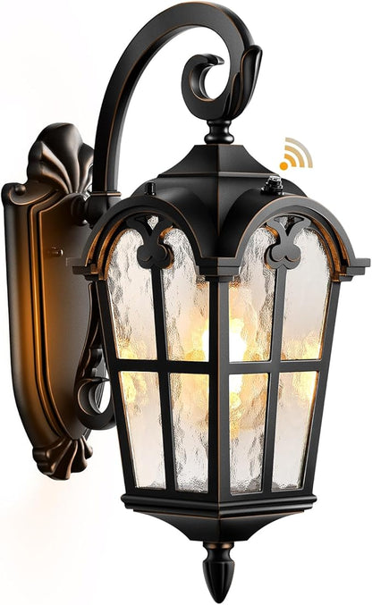 VIANIS Outdoor Wall Light, 16.9" Black Dusk to Dawn Outdoor Lighting with Gold Trim, Outside Light Fixtures Wall Mount with Tempered Water Ripple Glass for Patio, Entryway, Waterproof Anti-Rust