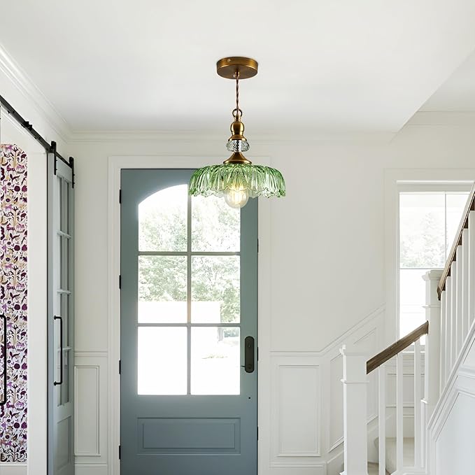 CVKASH Vintage Glass Pendant Light Fixture Green Adjustable Chandelier Modern Gold Hanging Ceiling Light for Farmhouse Dining Room Living Room Bedroom Entryway Kitchen Island
