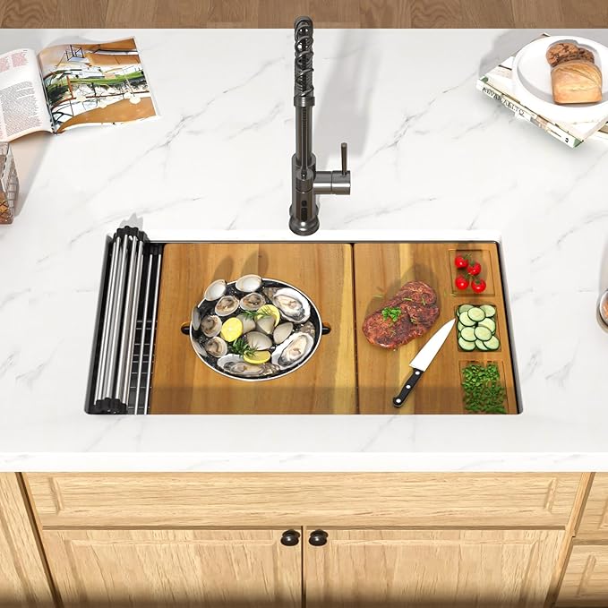 32x19 Black Undermount Kitchen Sink - Workstation 16 Gauge 304 Stainless Steel Single Bowl Under Counter Handmade Sinks with Mixing Bowl, Cutting Board, and Pasta Strainer #TLU-0043