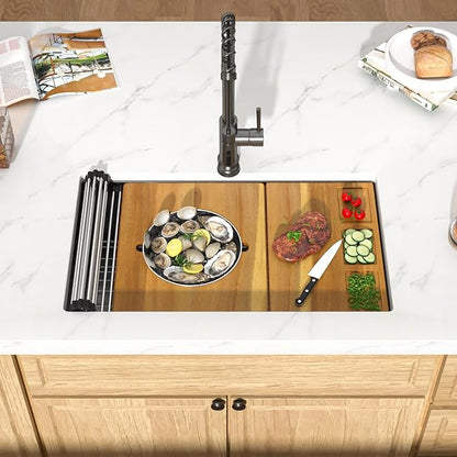 32x19 Black Undermount Kitchen Sink - Workstation 16 Gauge 304 Stainless Steel Single Bowl Under Counter Handmade Sinks with Mixing Bowl, Cutting Board, and Pasta Strainer #TLU-0043