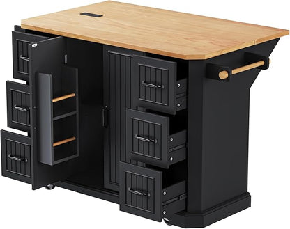 Ball & Cast 56" Large Kitchen Island with Drop Leaf and Power Outlet,Rolling Kitchen Cart on 4 Wheels W/ 6 Drawers,Folding Storage Dining Table W/Spice & Towel Rack,for Kitchen,Dining Room,Black