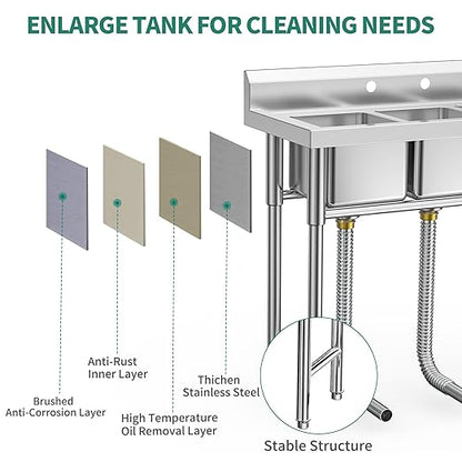 YITAHOME Utility Sink 3 Compartment Stainless Steel Freestanding Bar Sink NSF Commercial Sink for Restaurant, Laundry, Garage, Workshop Sink with Legs, Outdoor (39"x18"x37")